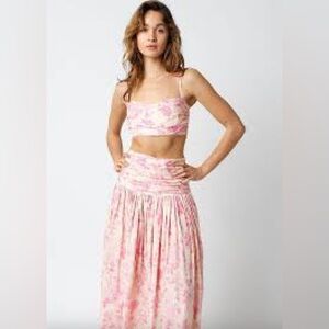 b. Haute 2 piece Pink and White Ruched A-Line Midi Skirt/crop top